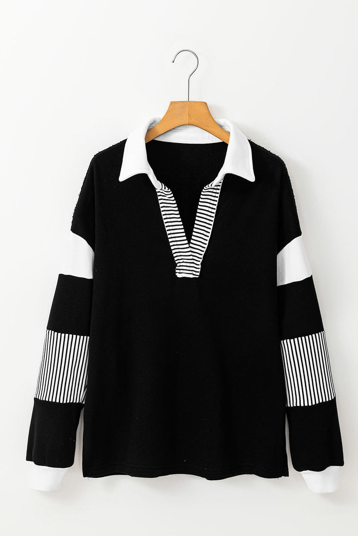 Dark blue striped patchwork collar sweatshirt by Emma & Rose Cape Town, featuring long sleeves and cozy fabric.