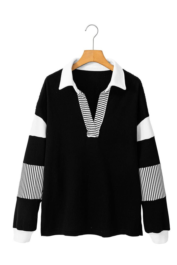 Dark blue striped patchwork collar sweatshirt by Emma & Rose Cape Town, featuring a cozy hoodie with patchwork design.