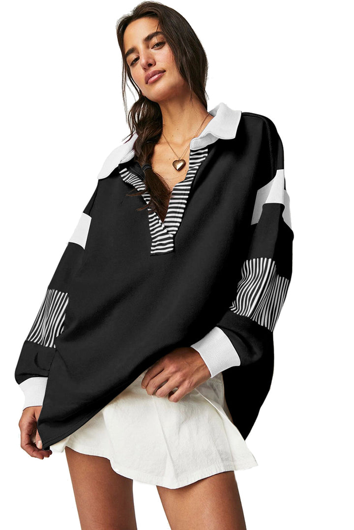 Dark blue striped patchwork collar sweatshirt by Emma & Rose Cape Town, featuring a cozy hood and casual style.