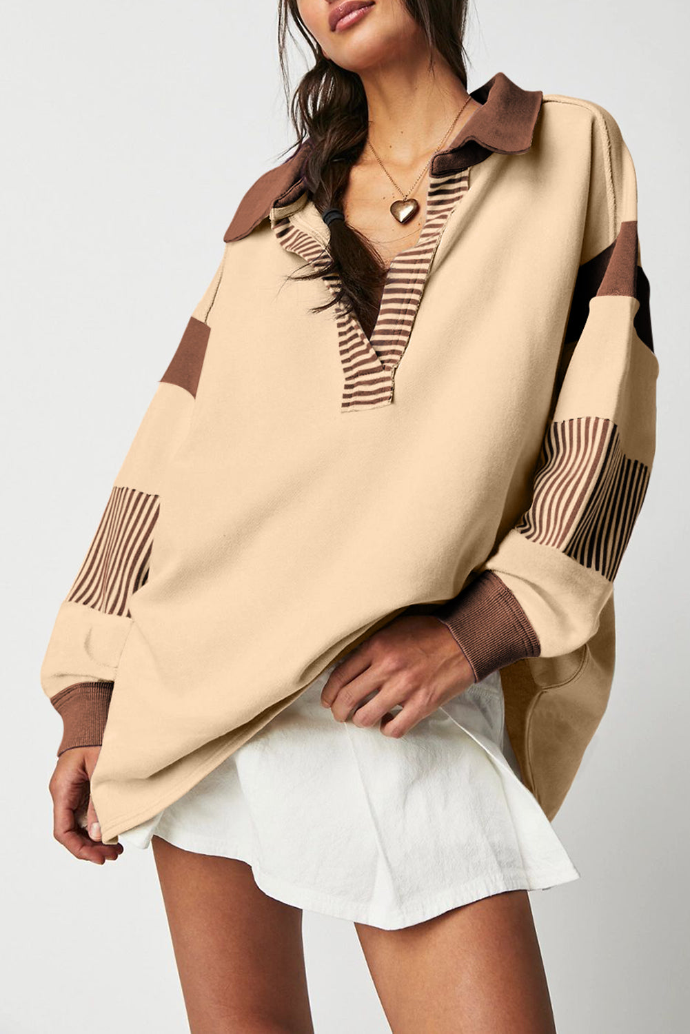 Dark blue striped patchwork collar sweatshirt from Emma & Rose Cape Town, featuring a cozy, casual hoodie design.