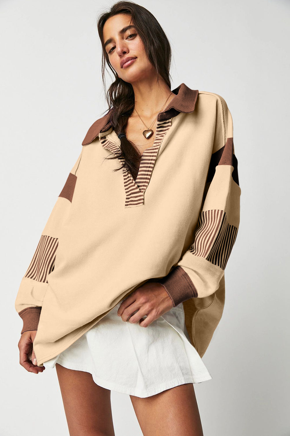 Dark blue striped patchwork collar sweatshirt by Emma & Rose Cape Town featuring a cozy fit and stylish design.