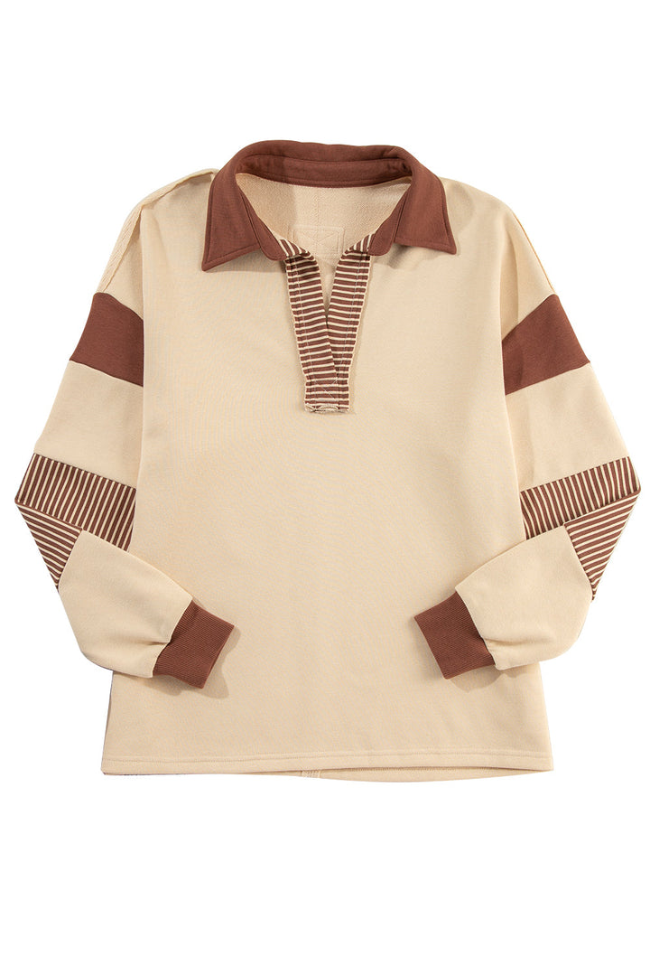 Dark blue striped patchwork collar sweatshirt by Emma & Rose Cape Town, featuring a cozy fit and stylish design.