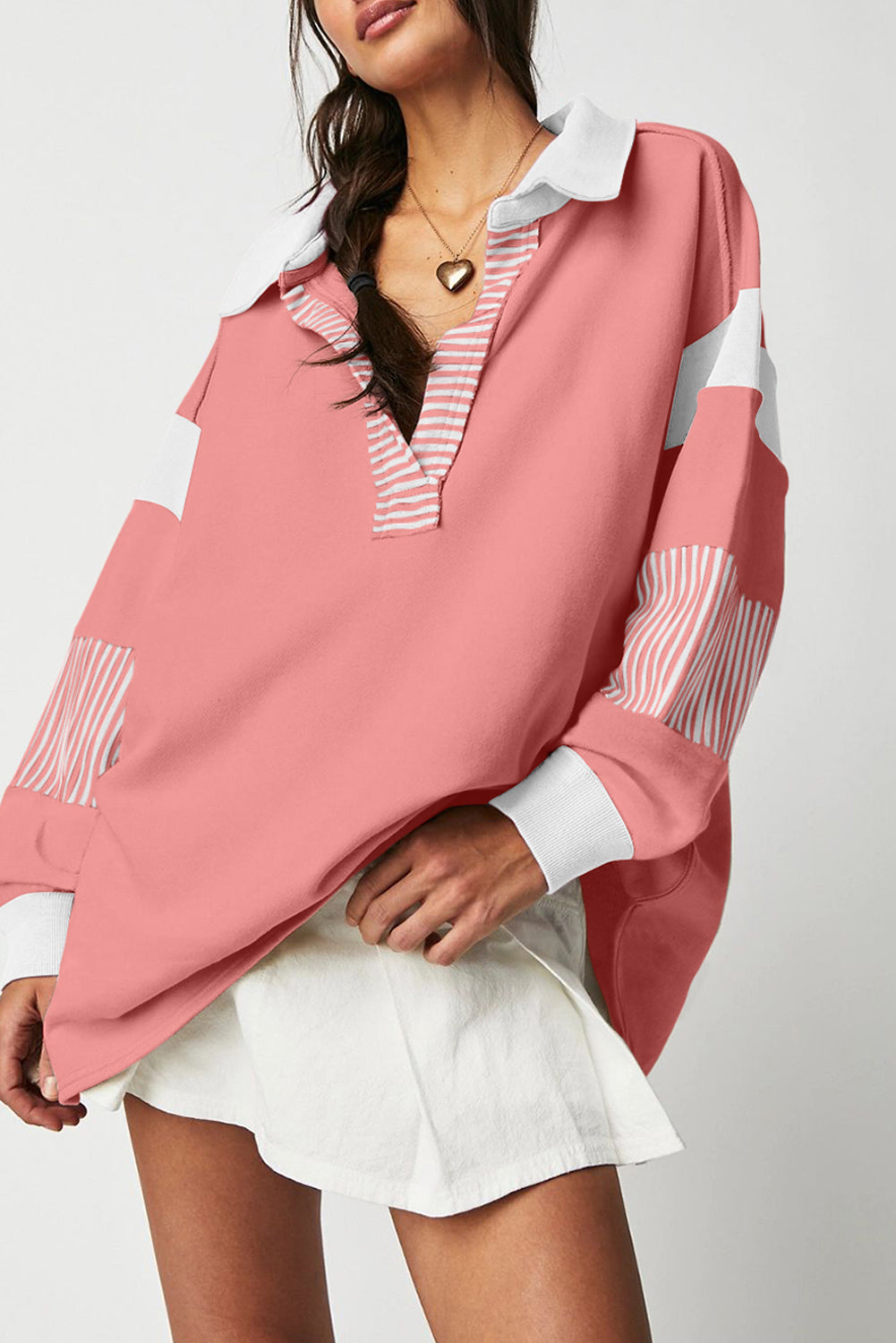 Dark blue striped patchwork collar sweatshirt from Emma & Rose Cape Town, featuring a cozy, stylish design with contrasting patchwork details.