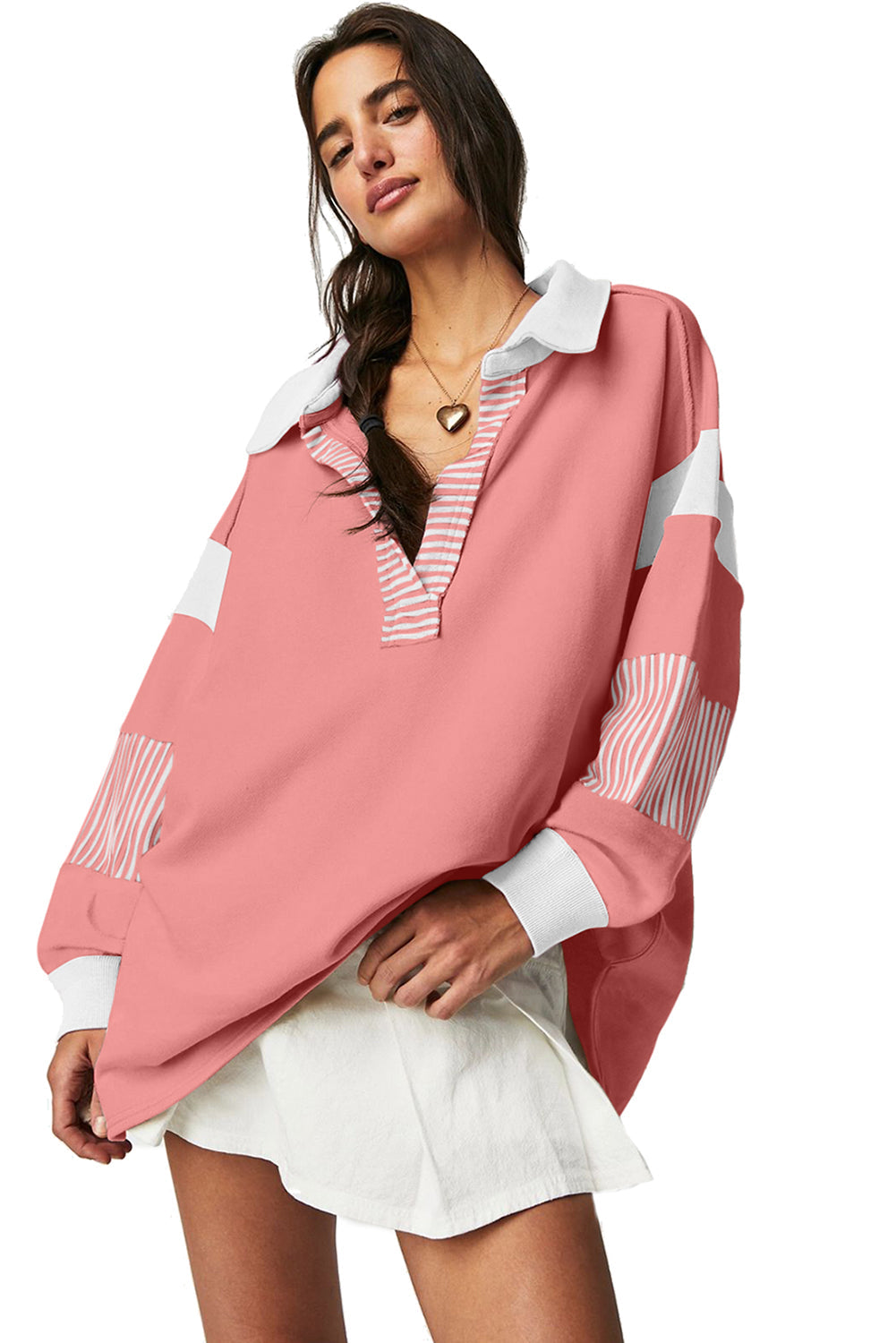 Dark blue striped patchwork collar sweatshirt from Emma & Rose Cape Town, featuring a cozy, casual design with contrasting patchwork details.