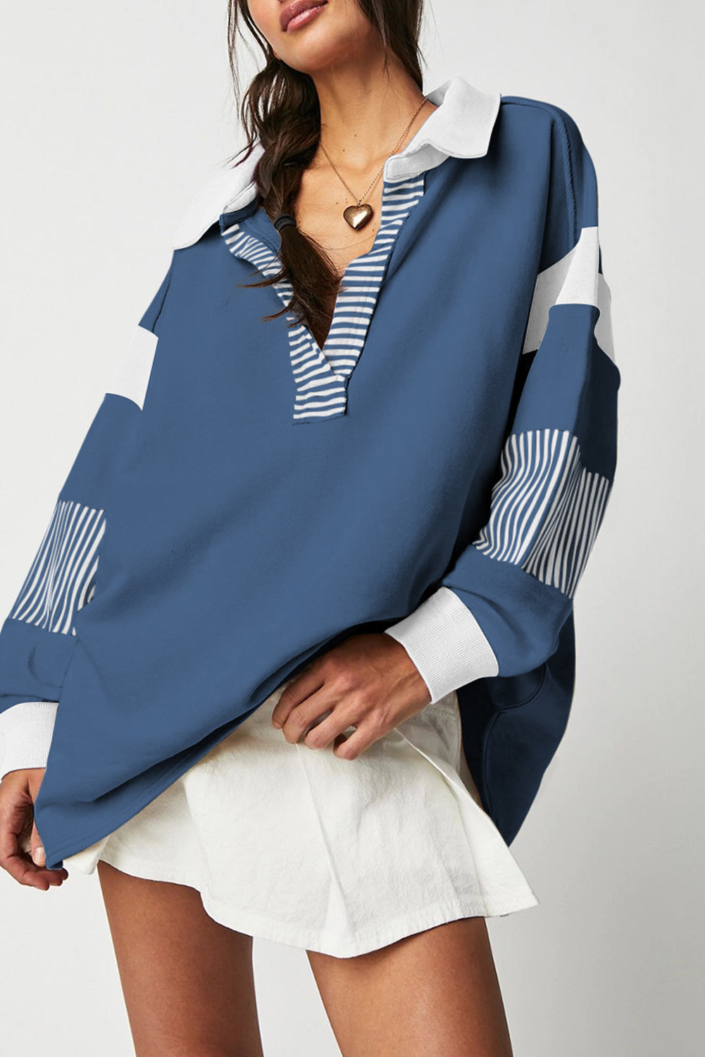 Dark blue striped patchwork collar sweatshirt from Emma & Rose Cape Town, featuring a cozy design and stylish detail.