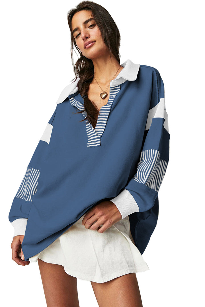 Dark blue striped patchwork collar sweatshirt from Emma & Rose Cape Town featuring a cozy, casual design and patchwork details.