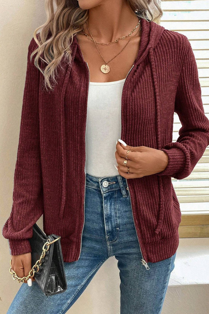 Red Dahlia ribbed zip front drawstring hoodie from Emma & Rose Cape Town, featuring a cozy sweatshirt with a hood and front pockets.