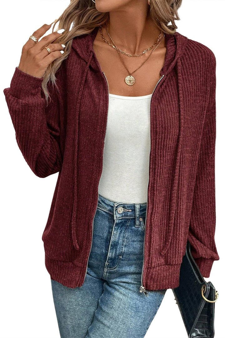 Red Dahlia ribbed zip front drawstring hoodie from Emma & Rose Cape Town, a stylish sweatshirt with a cozy design.