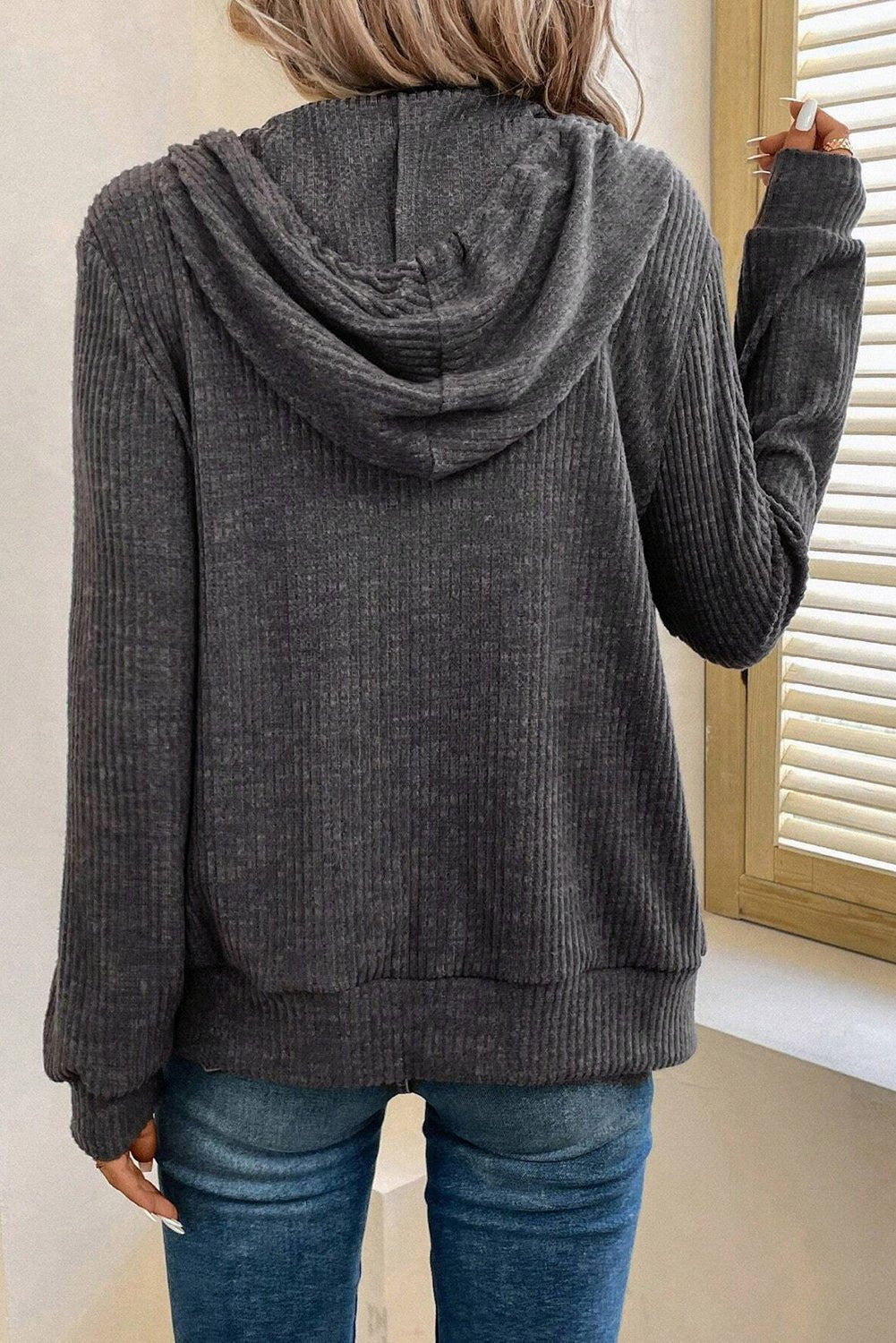 Red Dahlia ribbed zip front drawstring hoodie from Emma & Rose Cape Town, stylish sweatshirt with adjustable hood and cozy fit.