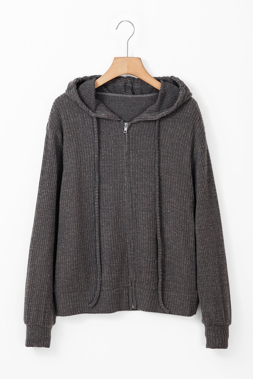 Red Dahlia ribbed zip front drawstring hoodie from Emma & Rose Cape Town, cozy sweatshirt with hood and adjustable drawstrings.