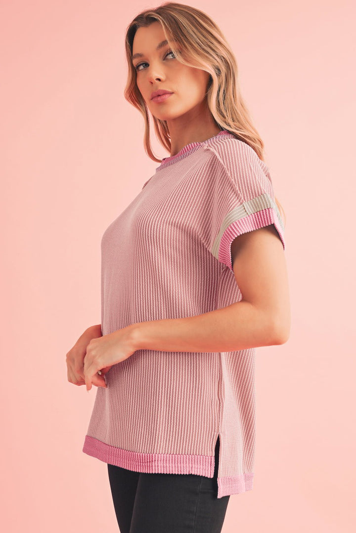 Sky Blue Textured Colorblock Round Neck T Shirt