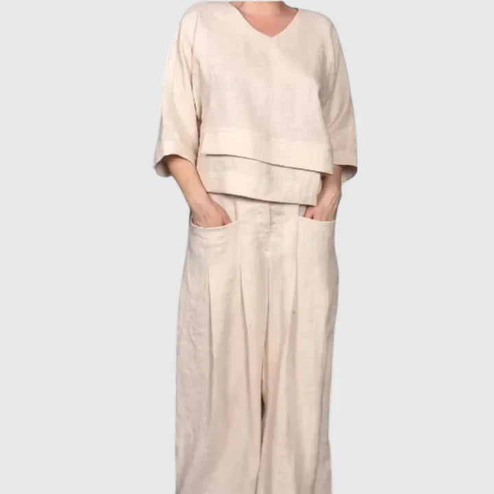 Emma & Rose Cape Town Zaryphina™ two-piece set in apricot, featuring a comfortable, stylish matching top and pants for casual wear.