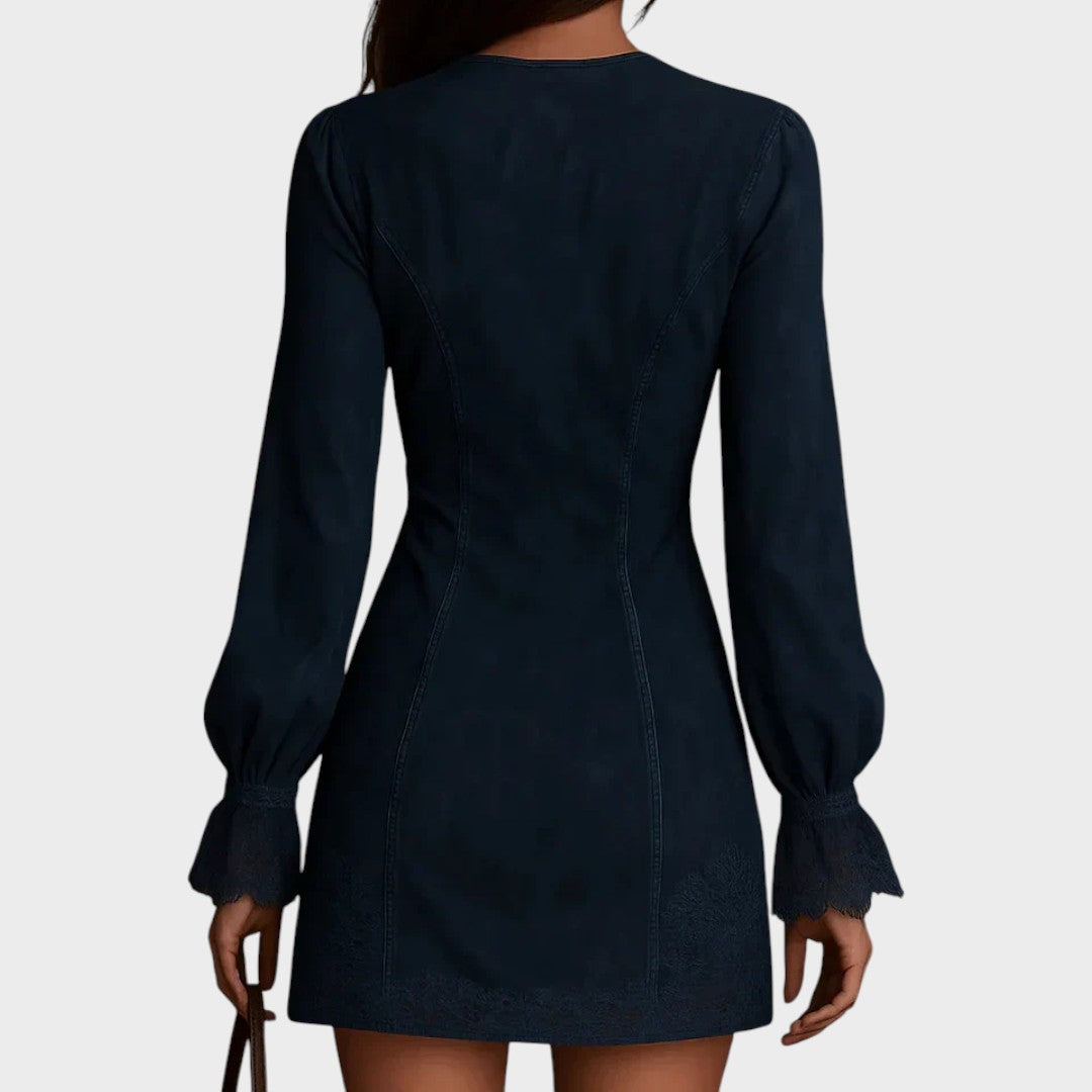 Blue Débora™ mini velvety lace dress by Emma & Rose Cape Town, shown in XS with delicate lace details.