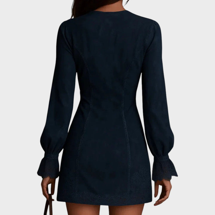 Blue Débora™ mini velvety lace dress by Emma & Rose Cape Town, shown in XS with delicate lace details.