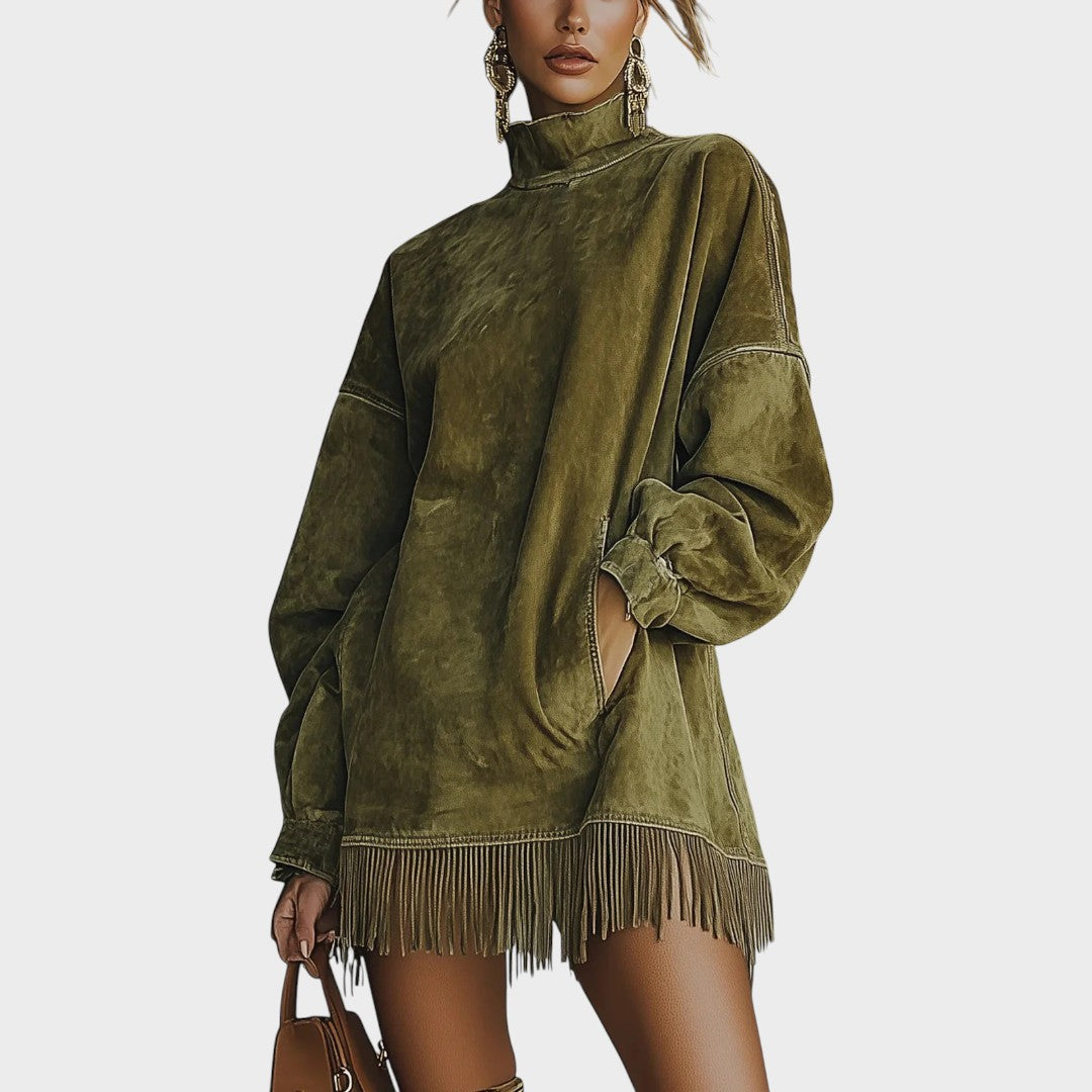 Sheri™ velvety dress fringes by Emma & Rose Cape Town, featuring a stylish, textured dress with decorative fringes.