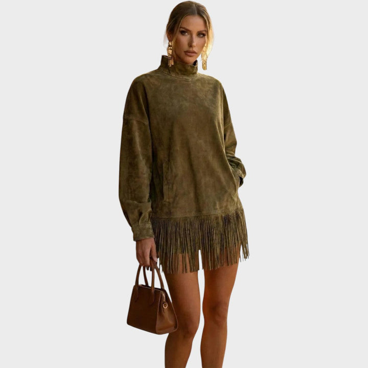 Sheri™ velvety dress fringes by Emma & Rose Cape Town featuring a stylish, fringed vestido with soft velvet fabric and intricate details.