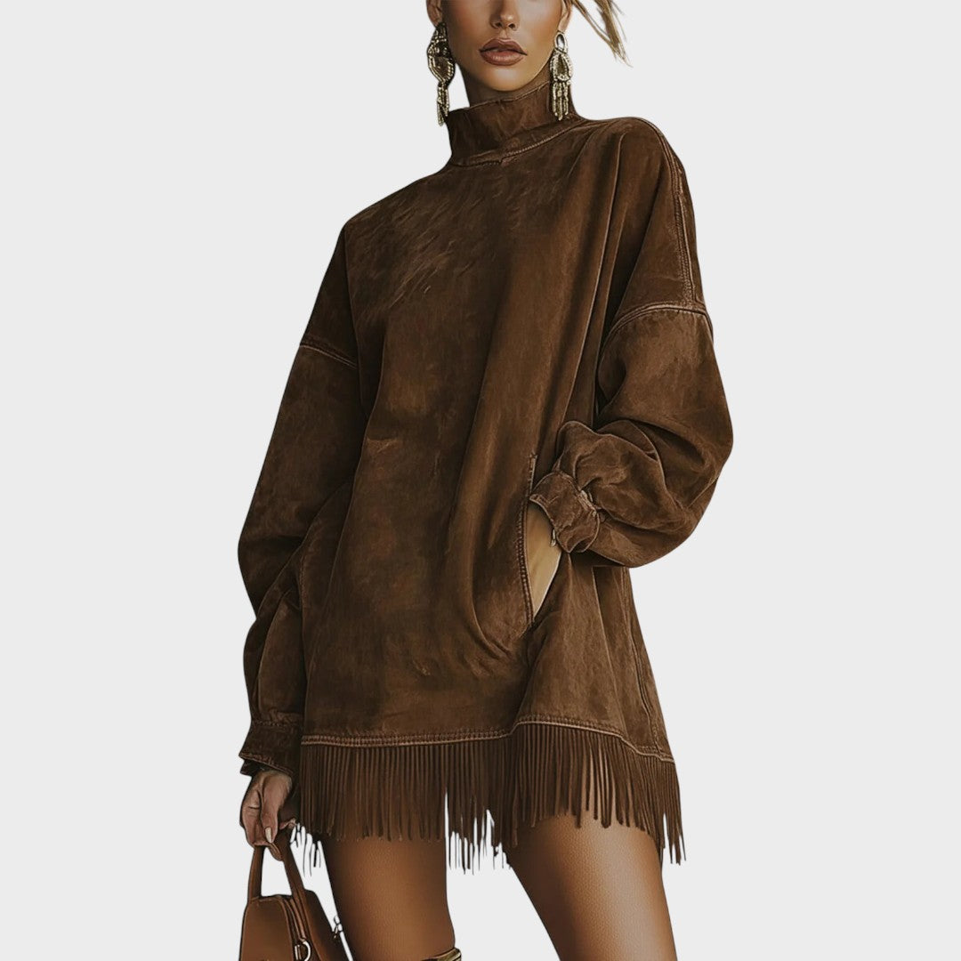 Velvety Sheri™ dress with fringed hem by Emma & Rose Cape Town, featuring a flowing, stylish design in rich fabric.