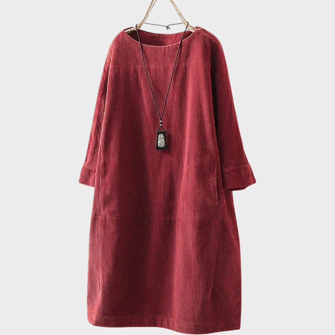Red Paula™ corduroy dress by Emma & Rose Cape Town featuring soft, luxurious fabrics and a stylish, comfortable design.