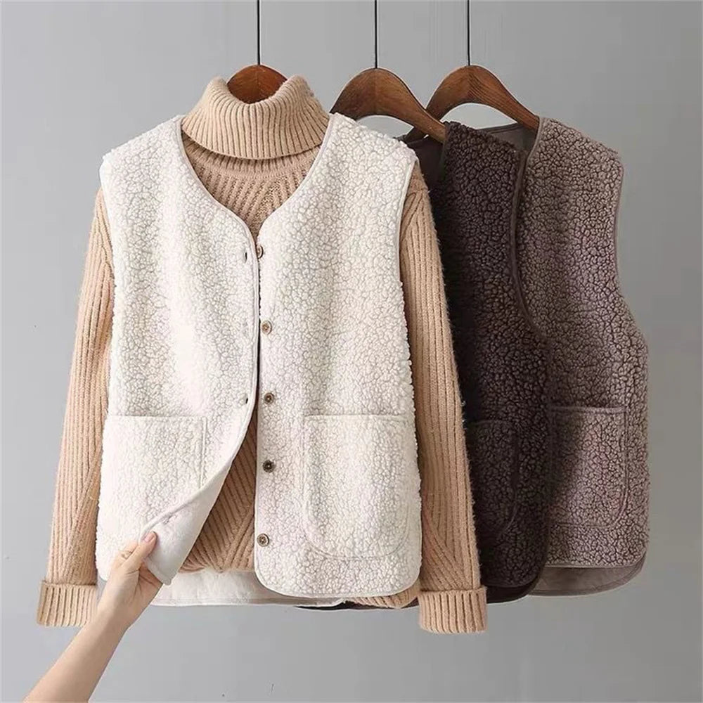 Beige Faye™ vest by Emma & Rose Cape Town in soft, luxurious fabrics, displayed on a neutral background.