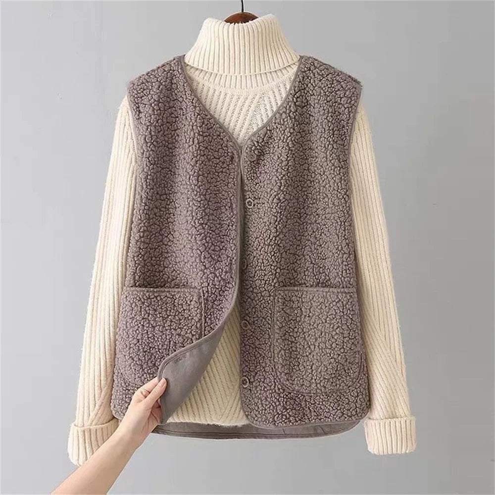 Beige Faye™ vest by Emma & Rose Cape Town in luxe soft, luxurious fabrics, displayed on a white background.