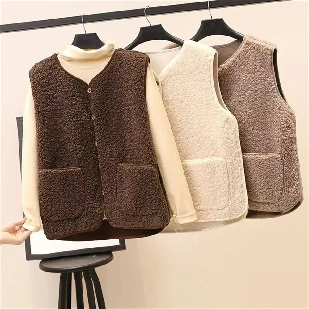 Beige Faye™ vest by Emma & Rose Cape Town featuring soft, luxurious fabrics and a stylish sleeveless design.