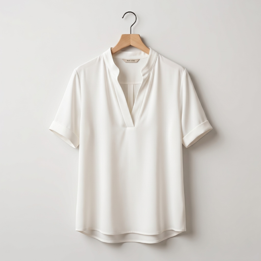 Elegant Giulia™ blouse by Emma & Rose Cape Town, shown in a stylish, lightweight fabric with a classic collar and button-front design.