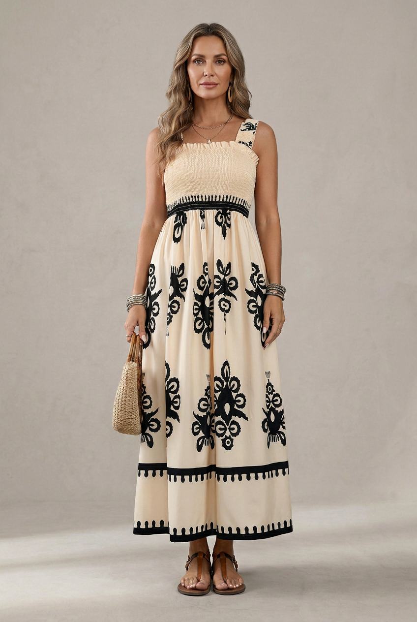 Emma & Rose Cape Town Martina maxi dress with artistic print, flowing white fabric, and elegant design.