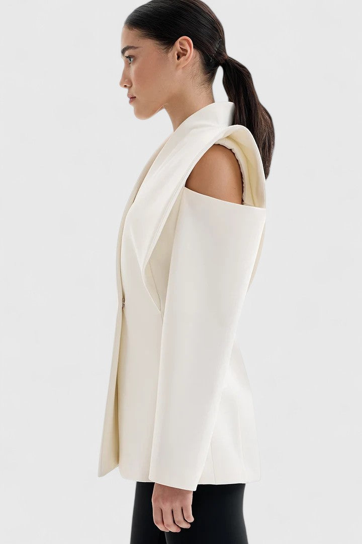 White Valeria™ Elegant Blazer by Emma & Rose Cape Town, tailored fit with lapels, displayed on a hanger against a plain background.