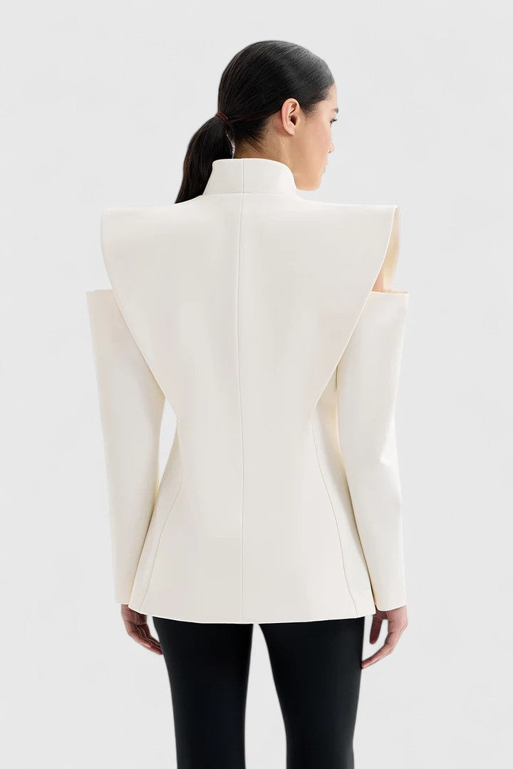 White Valeria™ Elegant Blazer by Emma & Rose Cape Town, shown on a model, featuring tailored fit and classic lapel design.