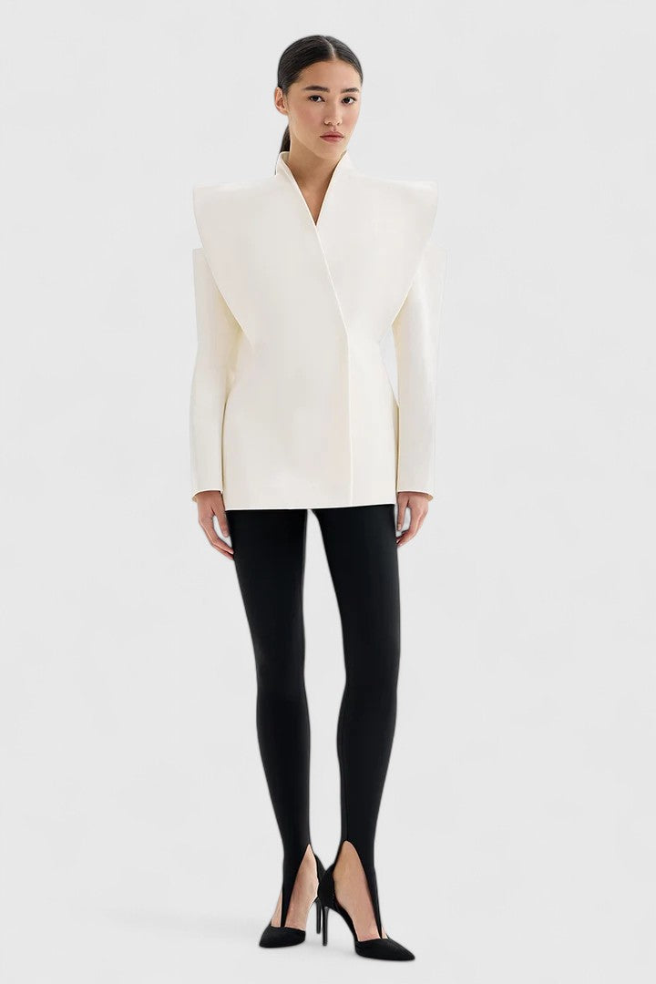 White Valeria™ Elegant Blazer by Emma & Rose Cape Town, tailored fit with lapels, shown on a mannequin.