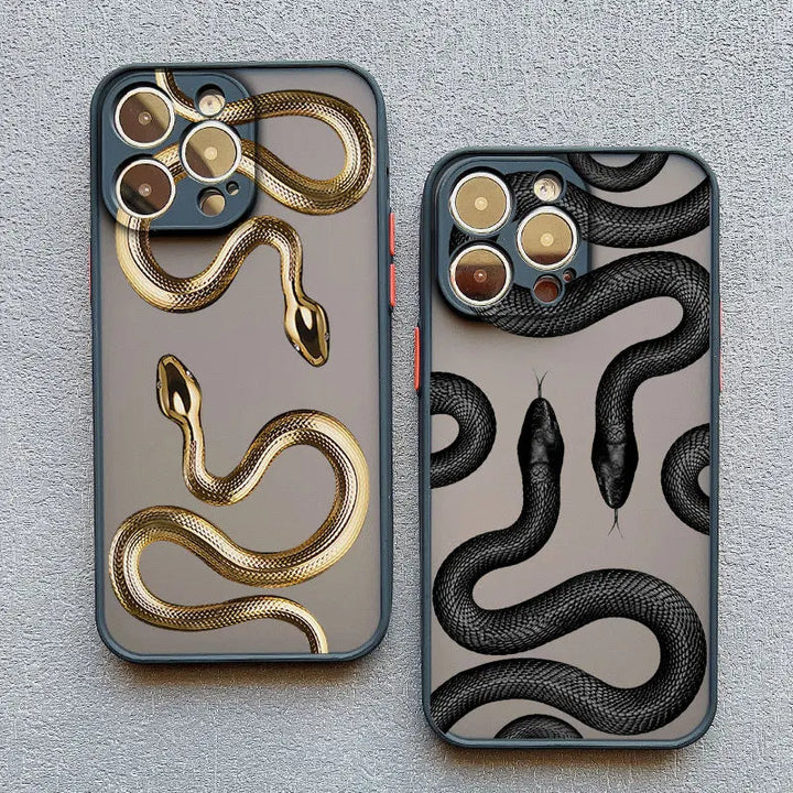 Gold iPhone X/Xs case with serpent motif by Emma & Rose Cape Town, featuring intricate design and stylish women's accessory.
