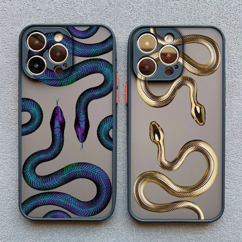 Gold iPhone X/Xs case with serpent motif from Emma & Rose Cape Town, a stylish women's accessory with intricate design.
