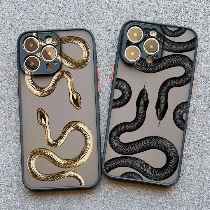 Gold iPhone case with serpent motif from Emma & Rose Cape Town, elegant women's accessory for iPhone X and XS.