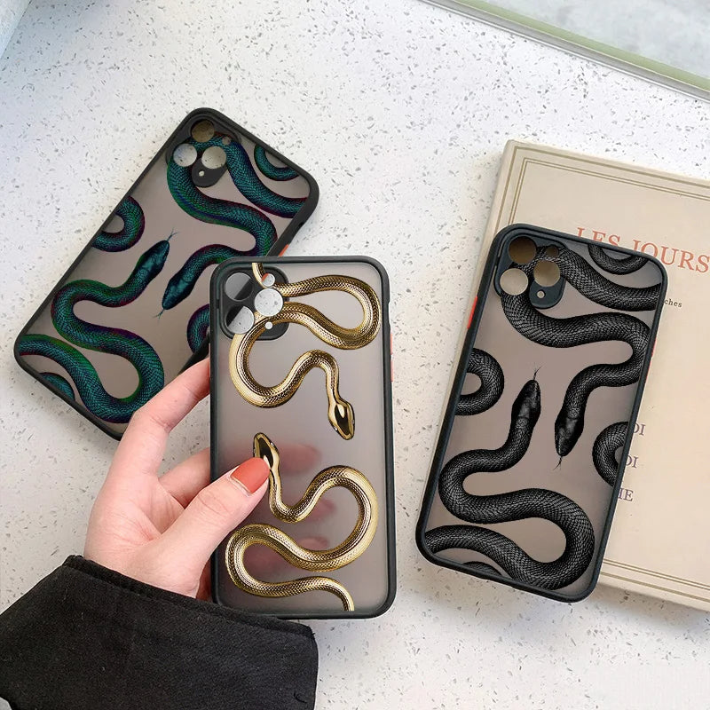 Gold iPhone X XS case with serpent motif design from Emma & Rose Cape Town, stylish women's accessory with intricate pattern.
