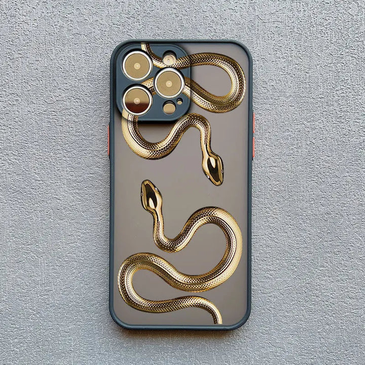 Gold iPhone X/Xs case with a serpent motif, designed by Emma & Rose Cape Town, featuring intricate detailing and elegant style.