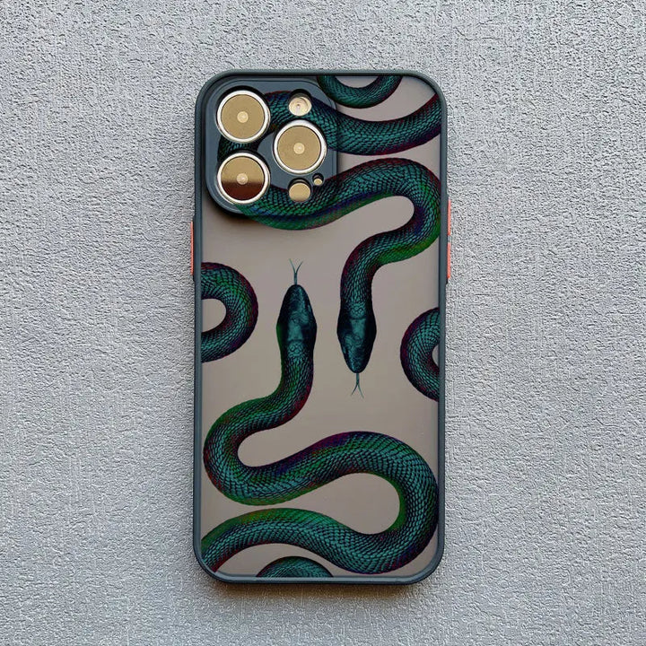 Gold serpent motif iPhone case for women by Emma & Rose Cape Town, featuring intricate snake design on a protective phone cover.