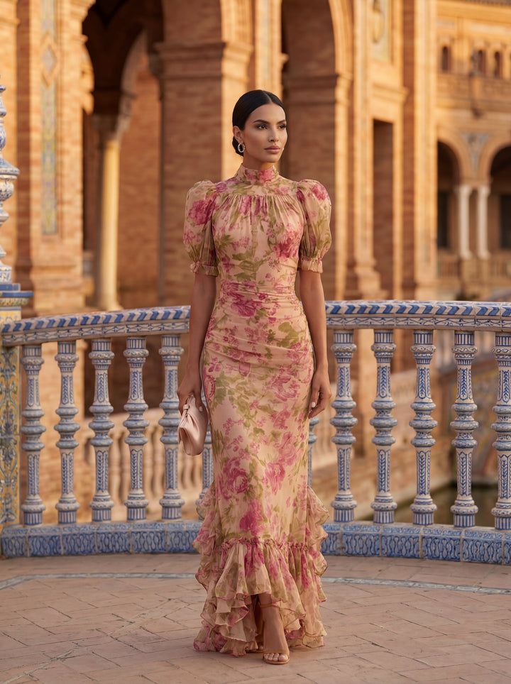 Emma & Rose Cape Town Rosario flowing floral dress, lightweight fabric with vibrant floral pattern, perfect for summer wear.