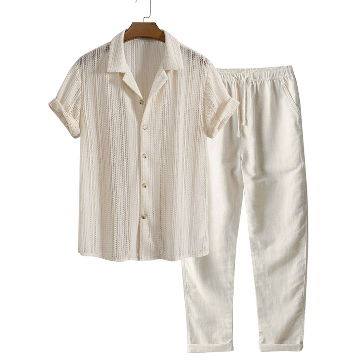 Emma & Rose Manhattan Mads™ beige casual summer set with short-sleeved top and shorts for a comfortable, stylish look.