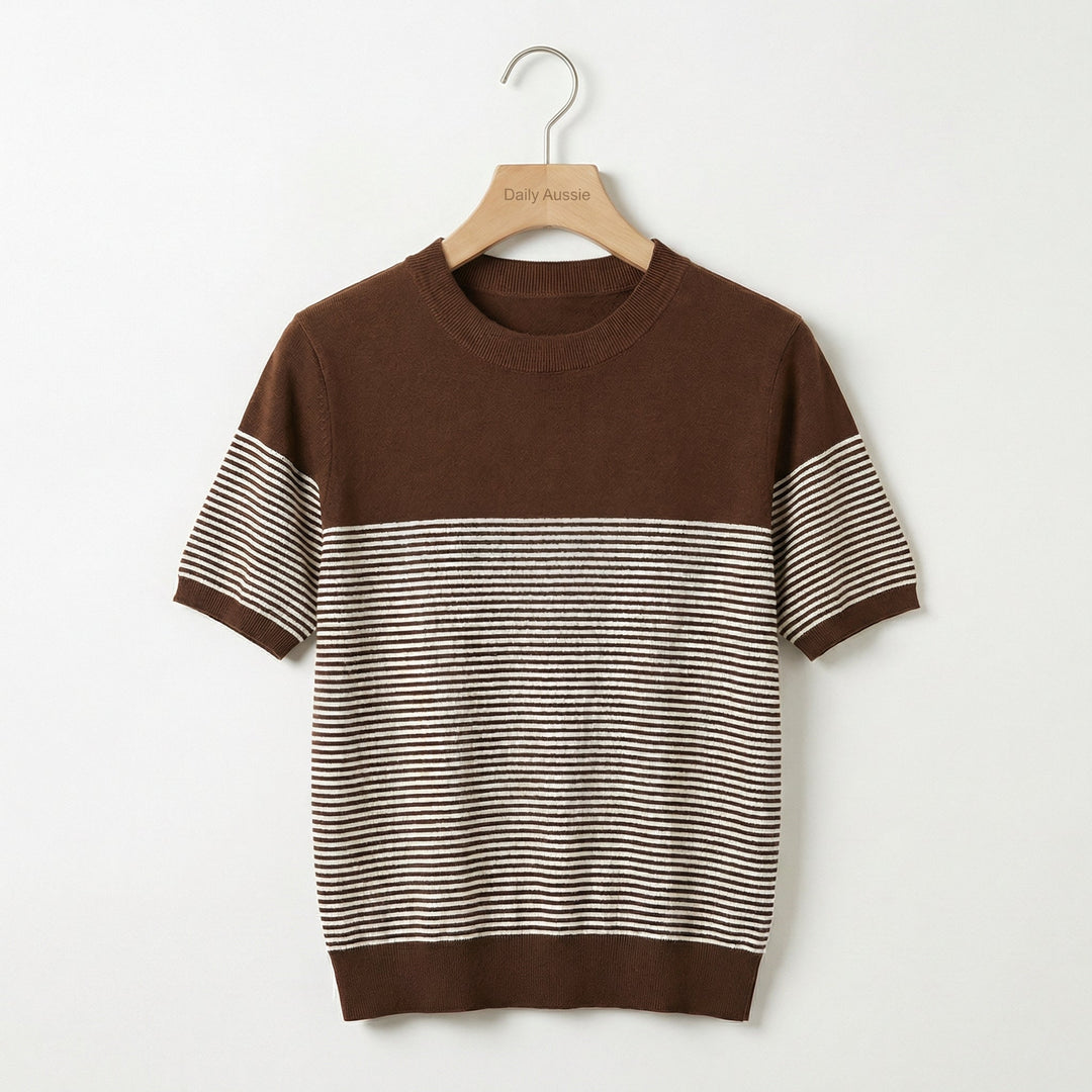 Emma & Rose Manhattan Hannah striped patchwork knit tee in brown with multicolored striped pattern and long sleeves.