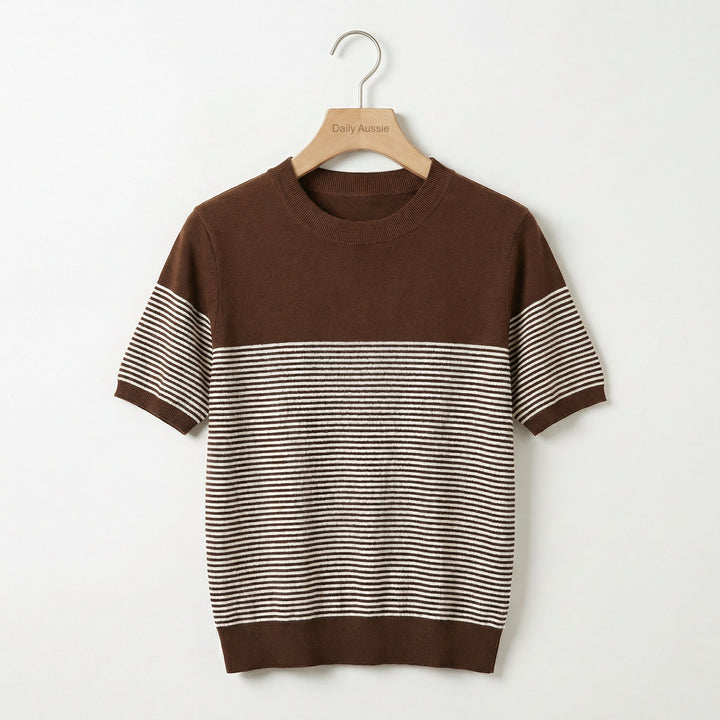 Emma & Rose Manhattan Hannah striped patchwork knit tee in brown with multicolored striped pattern and long sleeves.