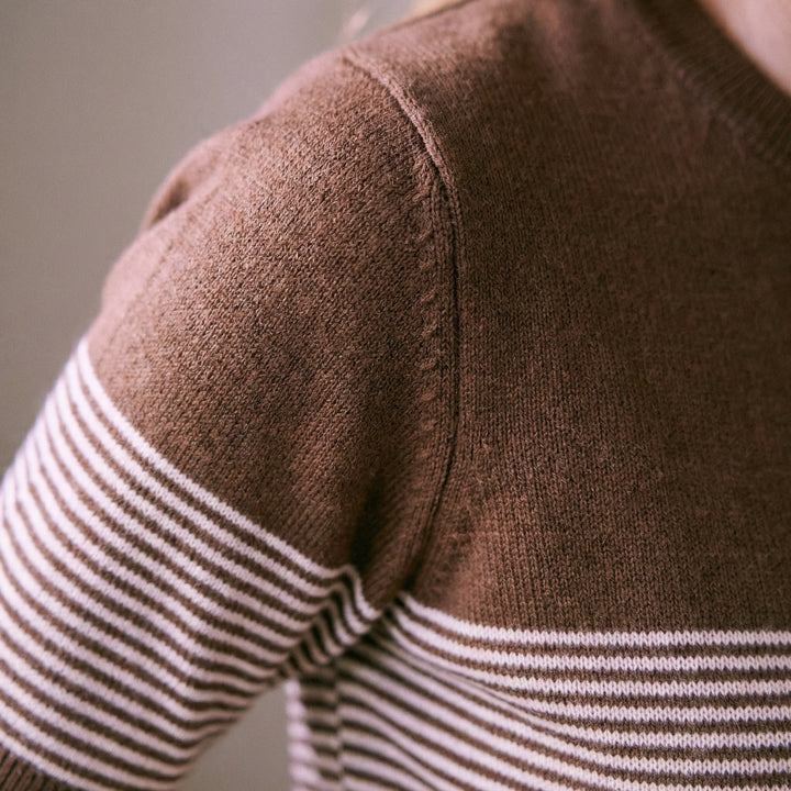 Emma & Rose Manhattan Hannah striped patchwork knit tee featuring colorful horizontal stripes and a relaxed fit.