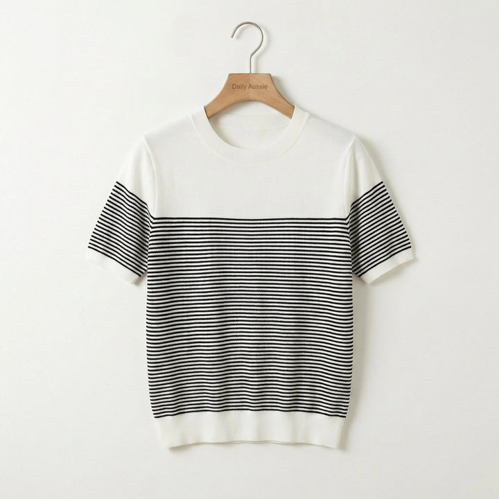 Emma & Rose Manhattan Hannah striped patchwork knit tee, brown and cream with long sleeves and a casual fit.