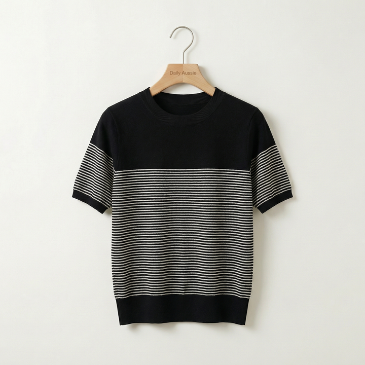 Emma & Rose Manhattan Hannah striped patchwork knit tee, brown and beige, featuring a casual, stylish knit design with patchwork details.