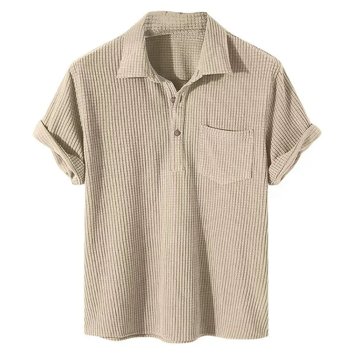 Khaki Andries™ summer men's casual shirt by Emma & Rose Manhattan, lightweight fabric with collar and button front.