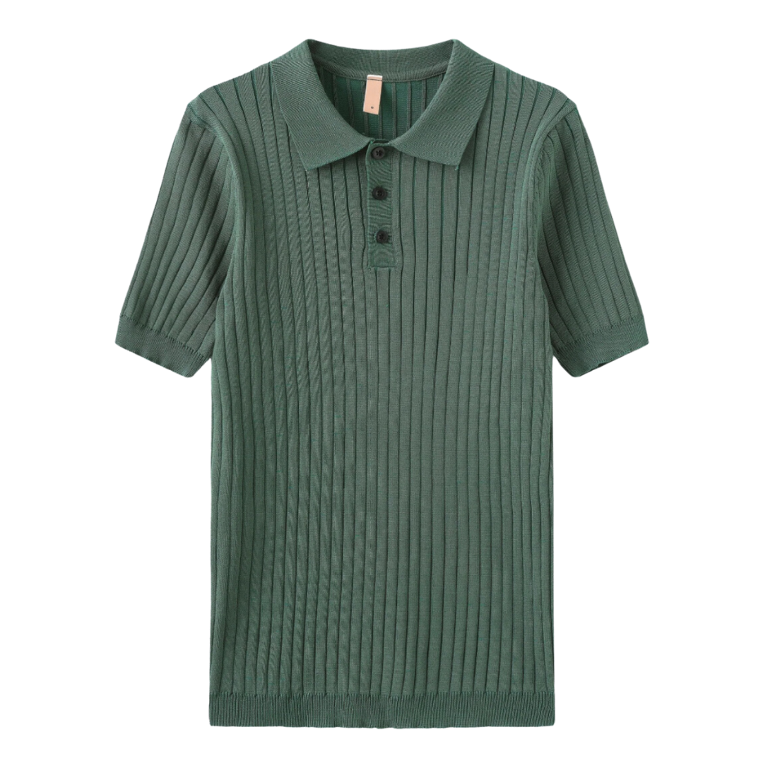 Dark green Daniëlle™ Signature Polo men's sweater by Emma & Rose Manhattan, featuring a classic collar and ribbed cuffs.