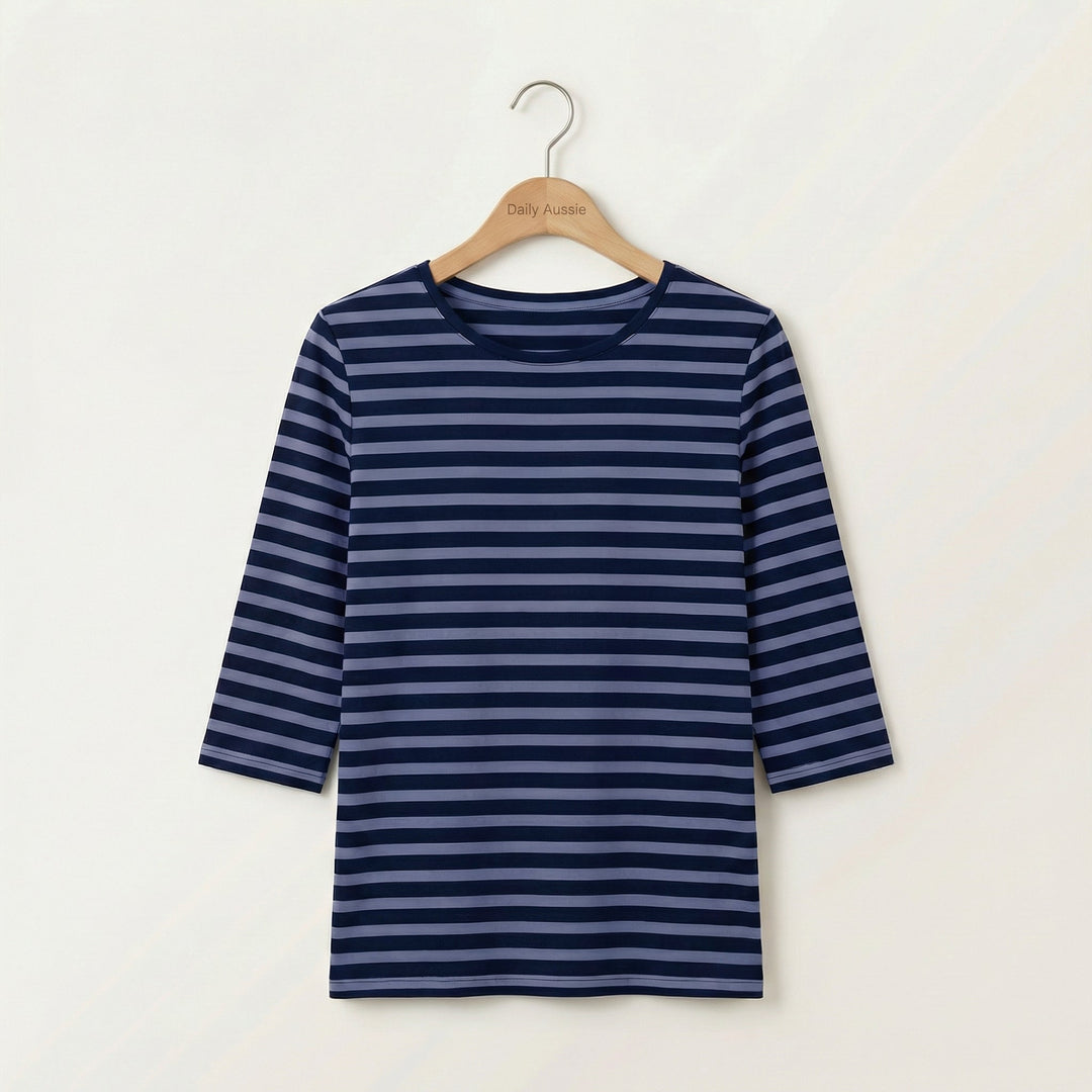 Navy Emma™ 3/4 sleeve casual top by Emma & Rose Manhattan, featuring a relaxed fit and soft fabric for everyday wear.