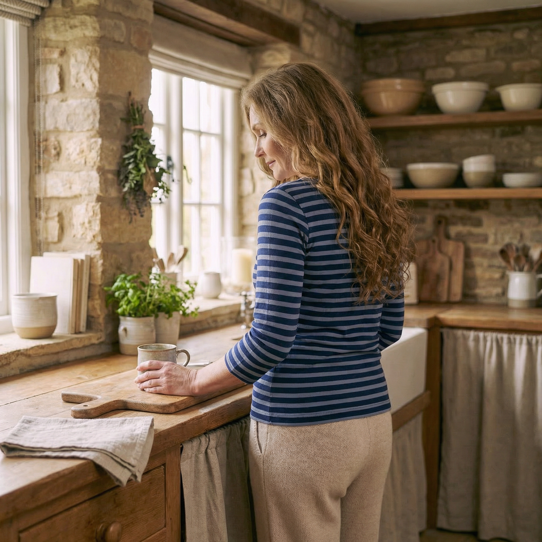 Navy Emma™ 3/4 sleeve casual top by Emma & Rose Manhattan, featuring a relaxed fit and comfortable fabric.