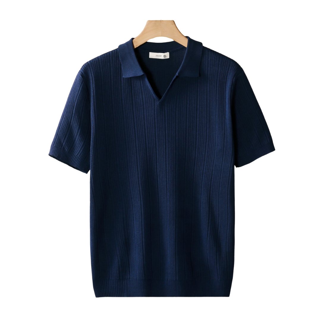 Navy Bram™ open collar ribbed polo shirt by Emma & Rose Manhattan, shown in size XS with a relaxed fit and textured fabric.