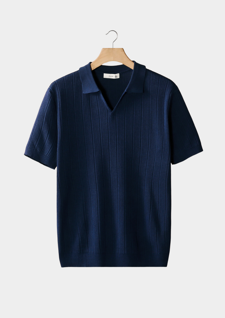 Navy Bram™ open collar ribbed polo shirt by Emma & Rose Manhattan, displayed on a white background.