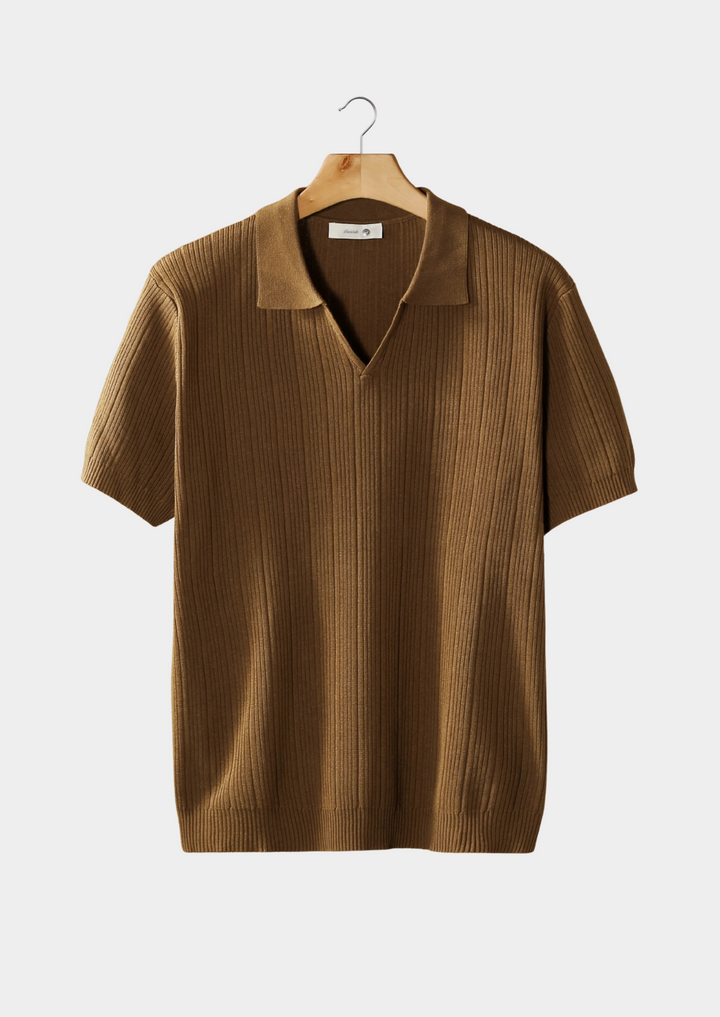 Navy Bram™ open collar ribbed polo shirt by Emma & Rose Manhattan displayed on a white background.